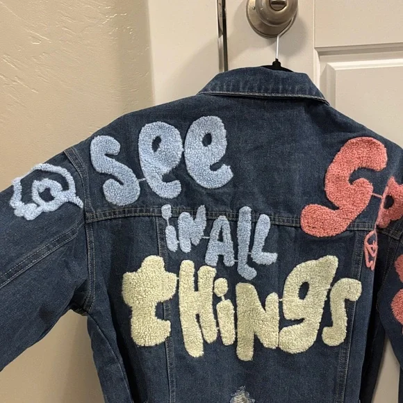 Handmade Embroidered Denim Jacket - Blue with Pastel Puff Text - Picture 7 of 7